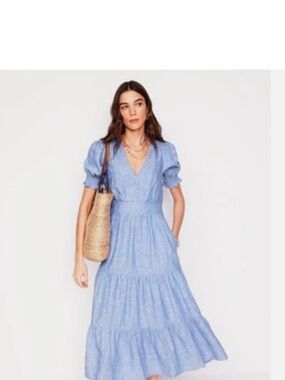 boden embroidered tiered midi dress Boden Blue Embroidered Tiered Midi Dress 4 Womens Smocked Waist Tie Neck